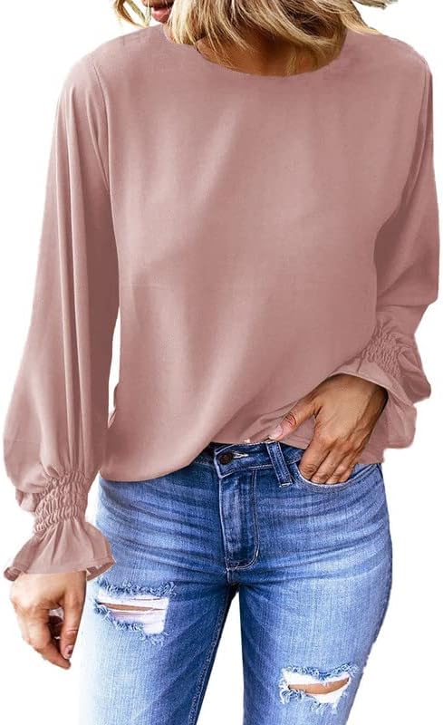 Dokotoo Womens 2023 Summer Long Sleeve Ruffle Bubble Sleeve Casual Loose Shirts Tops and Blouses