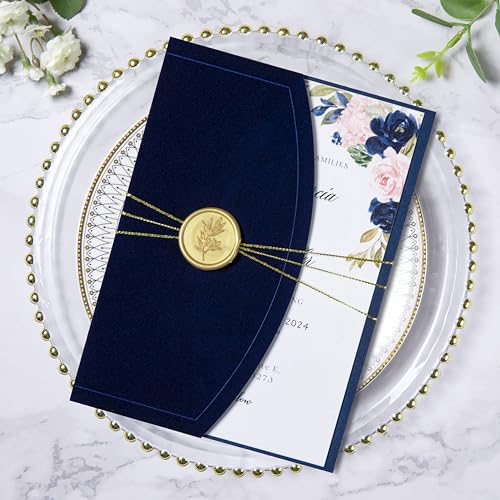 PONATIA 20PCS Wedding Invitation Cards Kits - 5x7 Wrap Pocket Invitation Cards with Envelopes, Gold Wax Seals, Ribbons For Weddings, Baby Shower, Birthday, XV Anos, Quinceanera Invitation (Velvet Navy Blue)