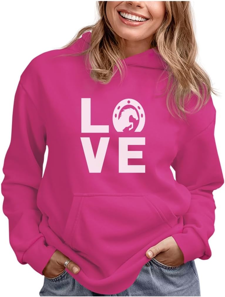 Tstars Horse Hoodie for Women and Teen Girls - Horseshoe LOVE Graphic Pullover - Gift for Riders, Owners, and Equestrian Fans