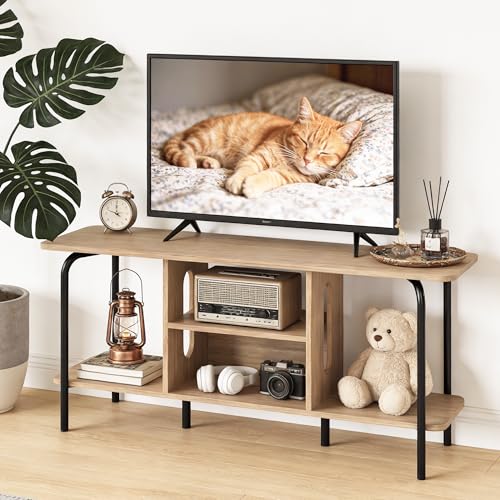 Manora TV Schrank Holz 120cm Lang mit Lowboard Funktion,TV Board für 47 Zoll im Landhausstil mit 4 Offenen Fächern,Fernsehtisch Hoch TV Tisch in Eiche Optik,TV Sideboard für Wohnzimmer(Eiche)