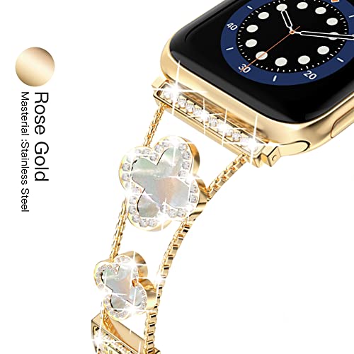Image of Musk-MSKR Diamond Metal Bands Add Sparkle to Your Watch For Apple Watch Series 11 /10 /9 /8 /7 /6 /5 /4 /3 /2 /SE /Ultra Clover Simple and Stylish Compatible with 38mm40mm41mm42mm44mm45mm 46mm49mm Women's Wear