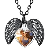 Custom4U Personalised Photo and Text Engraved Locket Necklace Cubic Zirconia Black Angel Wings Locket that Holds Picture Custom Jewellery Gifts for Her Lover