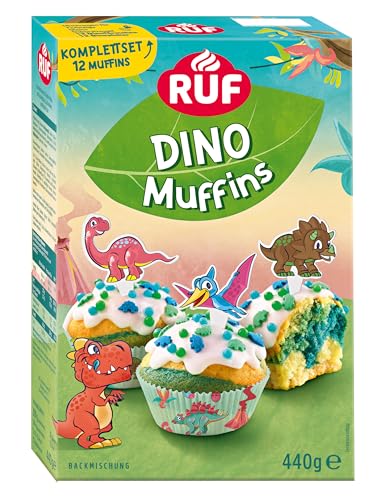 RUF Dino Muffins Komplettset Backmischung für dreifarbige Muffins mit Zuckerglasur, bunten Dino-Streuseln und Motiv-Pickern, lustiger Backspaß mit Kindern, ideal für Geburtstage, inkl. Förmchen