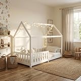 ecomi® Kinderbett 80x160 Bodenbett Kinder Bett Hausbett mit Rausfallschutz und Lattenrost für Kinder Kinderbetten für Mädchen und Jungen Massivholz Kiefer in Weiß