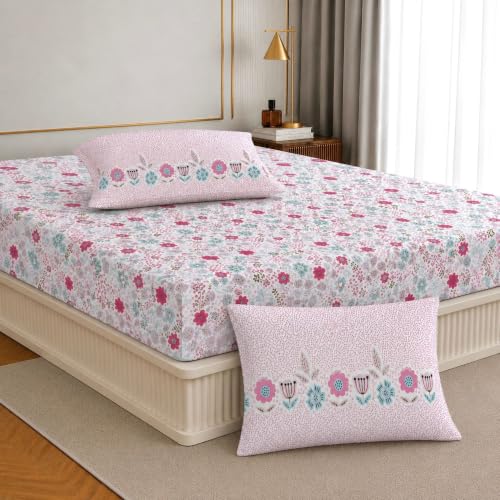 Image of Jaipur Weaves King Size Elastic Fitted Bedsheet, 100% Pure Cotton King Size Fitted Bedsheet for Double Bed with 2 Pillow Covers, 240 TC, 72x78 Inches up to 8-inch Mattress, Floral (Pink Harmony)