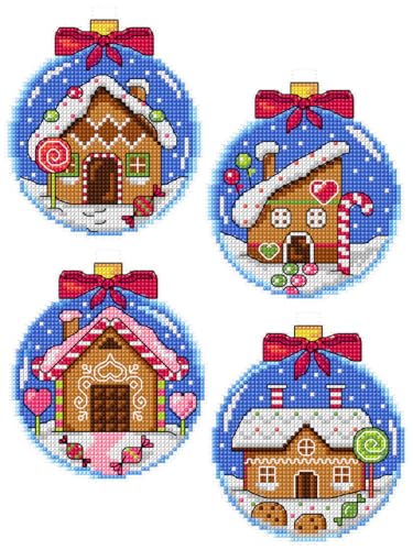 Image of Counted Cross Stitch Kit on Plastic Canvas with Gingerbread Houses. 4 Baubles Dark Blue Ornaments Same Dimensions. 14 Count Plastic Canvas Sheets 8.27x11.02 inches. Great for Art & Craft Amateurs