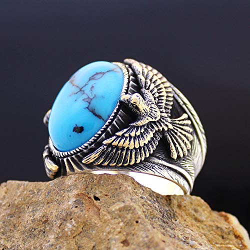 Solid 925 Sterling Silver Eagle Figure Oval Turquoise Stone Men's Ring4