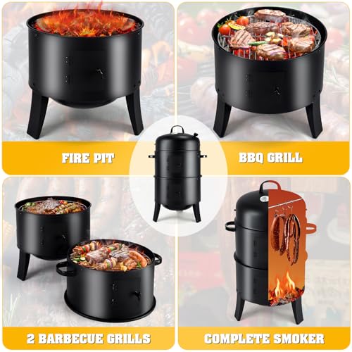 TCFUNDY 32\" Vertical Charcoal Smoker Grill, Heavy-Duty BBQ Grill with Built-in Thermometer, 3 in 1 Grill and Smoker, Portable Meat Cooker with Air Vent for Outdoor Barbecue Cooking - Thumbnail 4