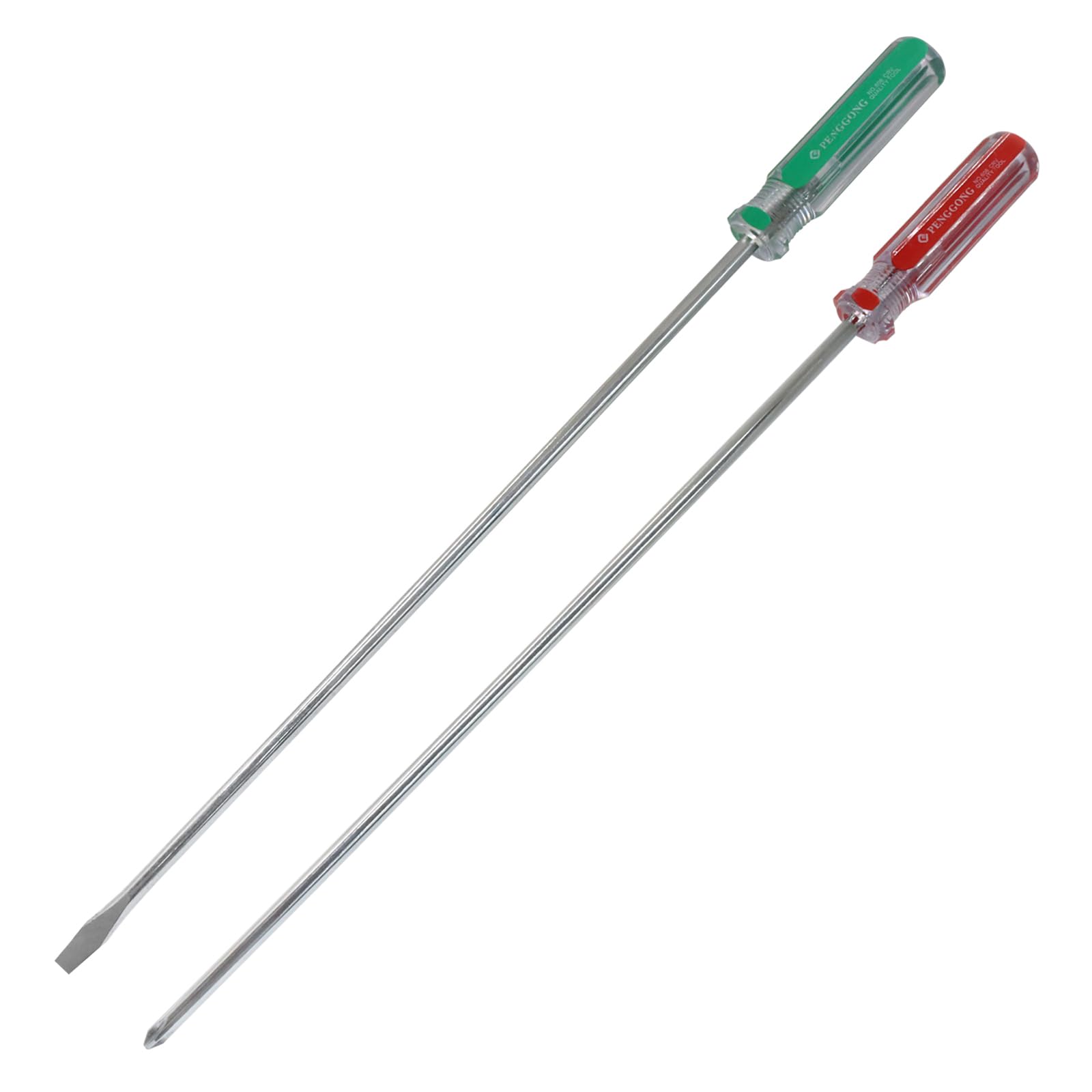 Kyuionty 12 Inch Extra Long #2 Phillips & 6mm Slotted Screwdriver 2-Piece Set, Magnetic Tip Flat Blade Cross-head Screwdrivers (Red, Green)