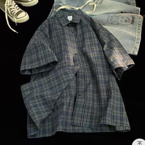 Mens Plaid Short Sleeve Teens Harajuku Vintage Aesthetic Baggy T-Shirts3