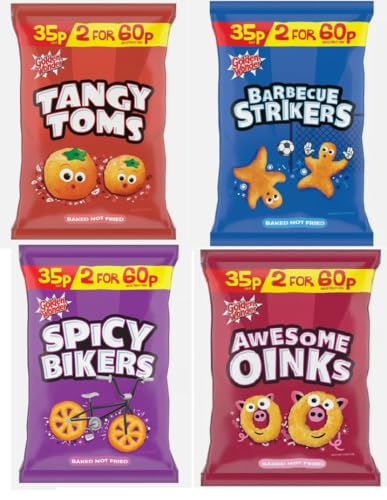 Golden Wonder Fun Size Mix Box - 36 x 22g Awesome Oinks Spicy Bikers Tango Toms Barbeque Strikers - 9 of Each Flavour -Perfect Snack for School Lunch Office On the Go Snacks Crisps Chips HTL