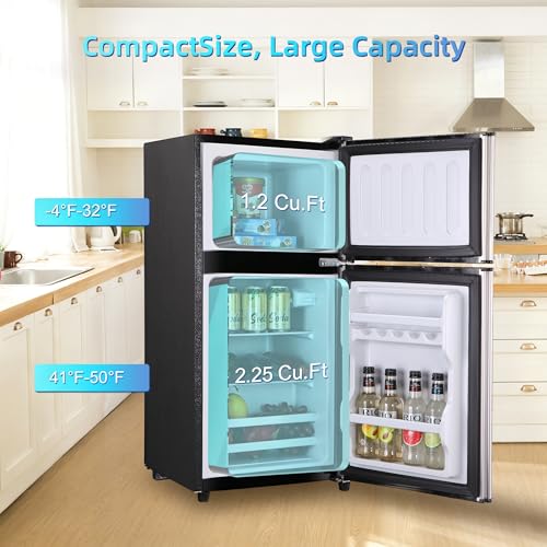 Image of Dorm Fridge with Freezer, Small Refrigerator 3.45 Cu. Ft. with Freezer for Apartment, 7-Level Temperature Adjustable Apartment Size Fridge for Kichen, College, Office, Silver
