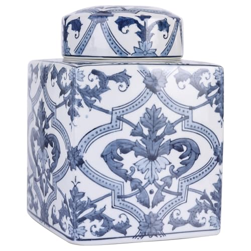 Big Chinoiserie Ginger Jar with Lid—Handmade Blue and White Porcelain Decorative Jar, Square Large in Ceramic Vase & Storage Jar for Home Decor (Model A)