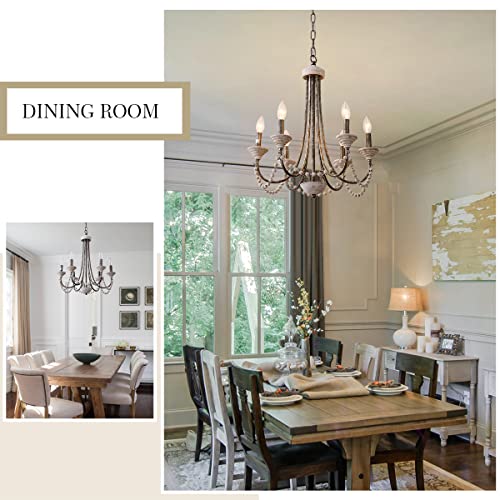 Vintage Chandelier For Dining Room French Country Rustic Over Table Hanging Light Fixture Candle Grey Metal With Wood Beaded, Living Room Kitchen Island Bedroom Foyer Hallway 6-Light #TOP3