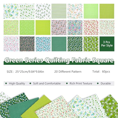 Image of 60 Pcs Quilting Fabric Square, Green Series Precut Fabric Squares