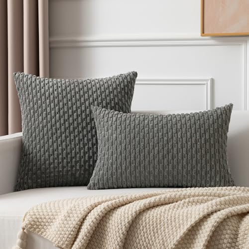 Kevin Textile Pack of 2 Corduroy Decorative Throw Pillow Covers 22x22 Inch Soft Boho Striped Pillow Covers Modern Farmhouse Home Decor for Spring Sofa Living Room Couch Bed Dark Grey by K KEVIN TEXTILE - Used condition - Image 4