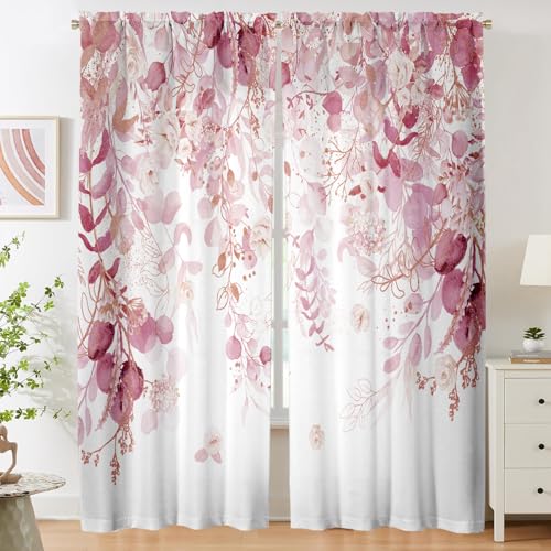 Pink Floral Leaf Sheer Curtains for Girls Bedroom, Botanical Farmhouse Light Filtering Privacy Semi-Sheer Cute Light Pink Curtains for Kids Nursery 84...