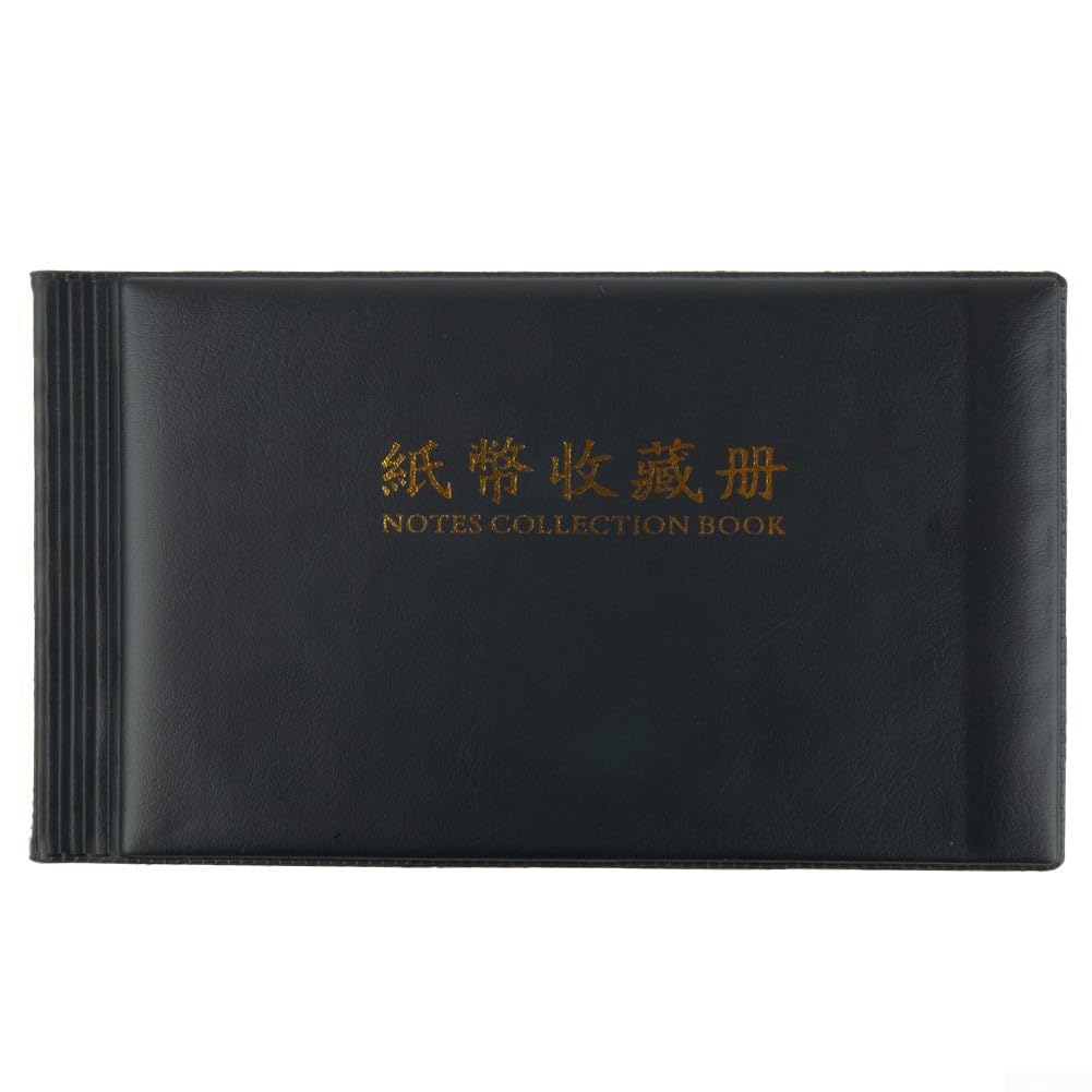 Honseadek Colección de 30 páginas transparente – Carpeta de bolsillo para billetes de banco para álbum de notas Bindi (21 x 12,5 cm) Documentos de plástico resistente con ribete de cuero (Negro)