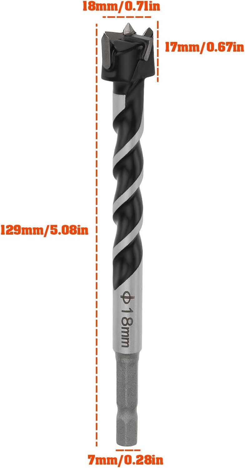 18mm Forstner Wood Boring Drill Bit Hole Hinge Cutter 7mm Hex Shank 129mm Length Extra Long Drill Bits