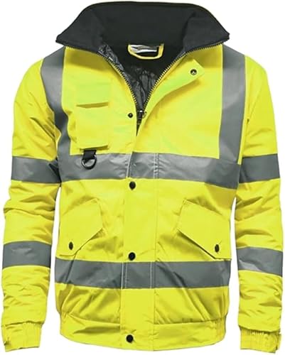 ANZEE Mens Hi Vis Bomber Jacket - High Visibility Waterproof Safety Security Workwear Reflective Tape Two Tone Warm Winter Zipper Pockets UK S-3XL (UK, Alpha, XL, Yellow)