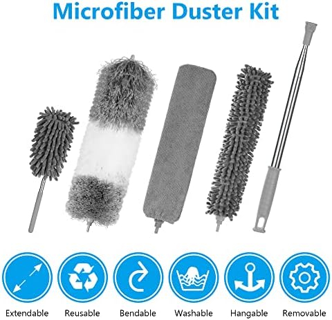 Vicloon Feather Duster, 7pcs Microfiber Duster, Chenille Duster Dust Cleaner Gap Long Handled Duster Reusable Bendable Washable Lightweight Dusters for Cleaning Roof, High Ceiling Fan, Blinds