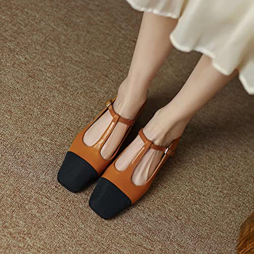 FOWT Simple Mini Square Toe T-Strap Buckle Strap Womens Black Flats Comfort Two-Toned Cap Toe Mary Janes Shoes Fall Ladies Slip on Cut Out Shoes for Dressy Uniform Commuting Travel, US Size 4-8 M2
