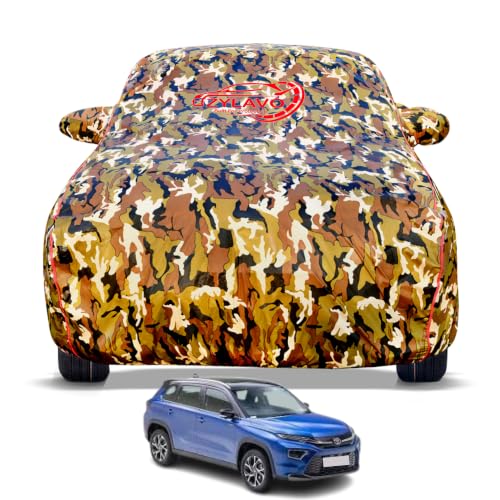Image of Premium Car Cover for Urban Cruiser Hyryder (2022-2026) Models | Waterproof, UV & Dust Protection | Mirror & Antenna Pocket | Triple Stitched, Soft Inner Lining, Belt & Buckle (Jungle Print)