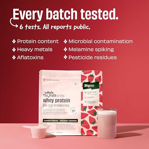 Image of The Whole Truth Whey Protein Isolate+Concentrate | Strawberry Shake 500g (1.1 lbs) | 24g Protein per scoop | 5.6g BCAA | 100% Authentic Whey | Real Strawberries | No Artificial Flavours