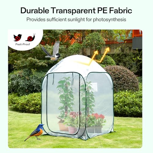 Image of VIVOSUN 39x39x63-Inch Portable Walk-in Greenhouse, with PVC Cover & Detachable Base, Instant Pop-up and Folding, Mini Greenhouse with Roll-Up Door & Mesh Window for Indoor Outdoor, Wind Ropes Included