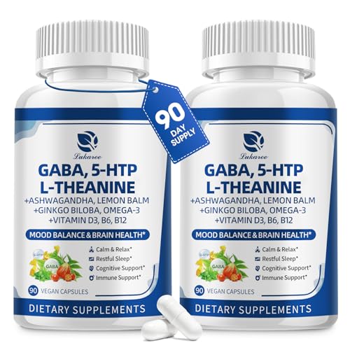 Image of GABA Supplements 750mg with L-Theanine & Ashwagandha for Calm & Sleep 2Pack | 10 in 1 Calm Capsules with 5HTP, Lemon Balm, Ginkgo Biloba, Omega-3 for Relaxation, Focus, Mood Support, Cortisol Balance