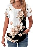 Zeagoo Womens Crew Neck Petal Sleeve Tops and Blouses Feather Printed T Shirts Casual Blouse Summer Tops M