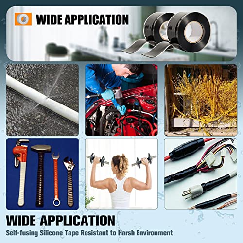 Votmell 2 Rolls 1In(W) X 10Ft(L) Self Fusing Silicone Tape,Waterproof Rubber, Water Leak Seal Tape,Rescue Tape,Plumbing Hose Repair Tape, Without Adhesive,Black #TOP6