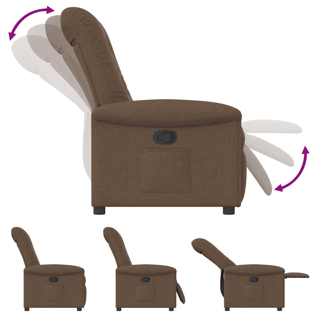 Fotel relaksacyjny, brązowy, materiał z regulowanym oparciem i podnóżkiem, ergonomiczny fotel wypoczynkowy z tapicerką, drewniana metalowa rama, kieszeń boczna do salonu, czytania, oglądania