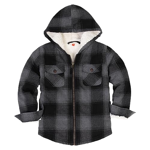 Image of ThCreasa Boys Plaid Flannel Jackets Sherpa Lined Zip Up Long Sleeve Warm Flannel Shirt with Hood