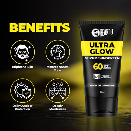 Image of Beardo Ultra Glow Serum Sunscreen SPF 60 PA++++| UVA /UVB Protection | No White Cast | Ultra Lightweight 3 in 1 with Niacinamide, Ceramides & Hyaluronic Acid | Non-Greasy | Designed for Men | 50g