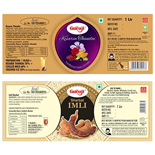 Image of Shree Guruji Kesaria Thandai & Imli Sharbat Combo Pack Milk Beverage Instant Refreshing Drink for Summer Dry Fruit Syrup Sharbat (1 Litre)
