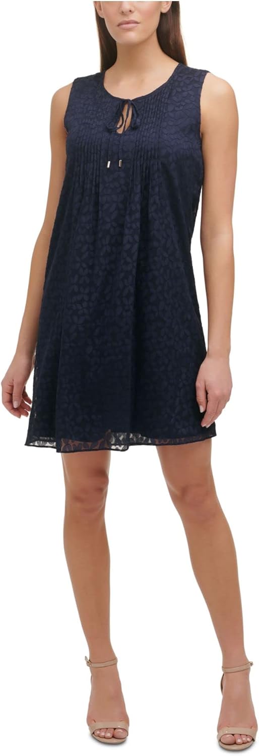 Tommy Hilfiger Womens Navy Textured Pleated Lined Floral Sleeveless Keyhole Short Shift Dress 4 - Image 2