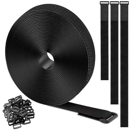OljezziYa 20Ft x 1 Adjustable Cable Straps with 30 Buckles Hook and Loop Straps Reusable Nylon Cable Ties for Cord Organiser Organizer Cable Tidy Free Cut Length Black