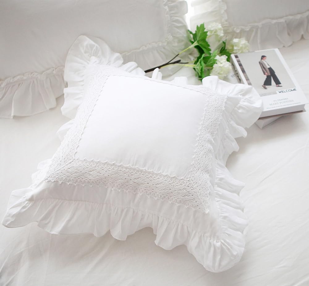 18x18 Pillow Covers, White Lace Square Cushion Cover 100% Cotton Throw Pillow Cover Pillowcase Set of 2, Decorative Cushion case,Handmade Pillowcase with Ruffles