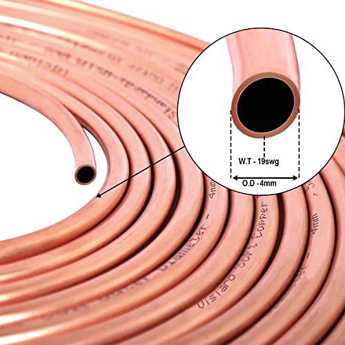 Image of Visiaro Round Pure Soft Copper Tube, 15mtr, Outer Dia 4 mm, Wall Thickness 19 swg, 99.9% Purity, Industrial Metal, Seamless Pipe for Air Conditioning, Refrigeration, Plumbing Systems and DIY Projects
