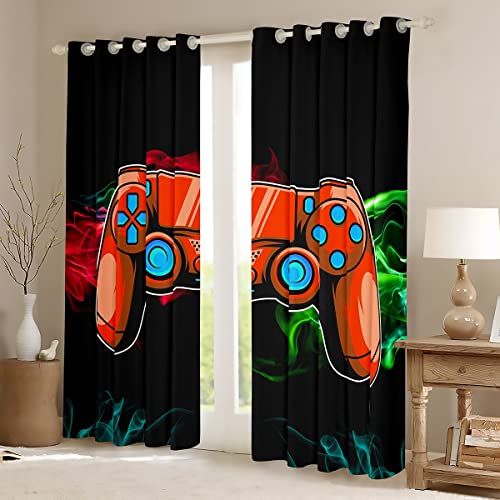 Homemissing Boys Gamer Window Curtains for Bedroom Living Room Video Gaming Curtains Kids Game Controller Window Drapes Orange Red Red Green Flame Window Curtains W66*L72 - Image 2