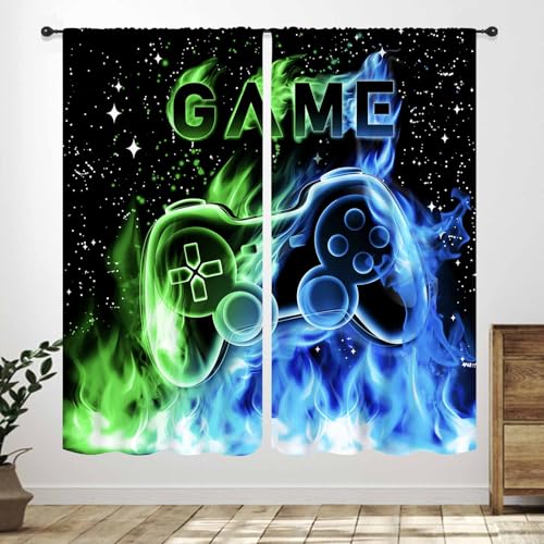 Gamer Curtains for Boys Room Blue Flame Video Gamer for Boys Kids Teen Bedroom Window Treatment Outer Space Gaming Game Controller Nursery Living Room Drapes 2 Panel Sets 42X45 Inch