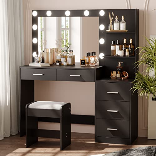 Image of Rovaurx 46.7 inch Makeup Vanity Table with Lighted Mirror, Large Vanity Desk with Storage Shelf & 5 Drawers, Bedroom Dressing Table, 11 LED Lights, Black