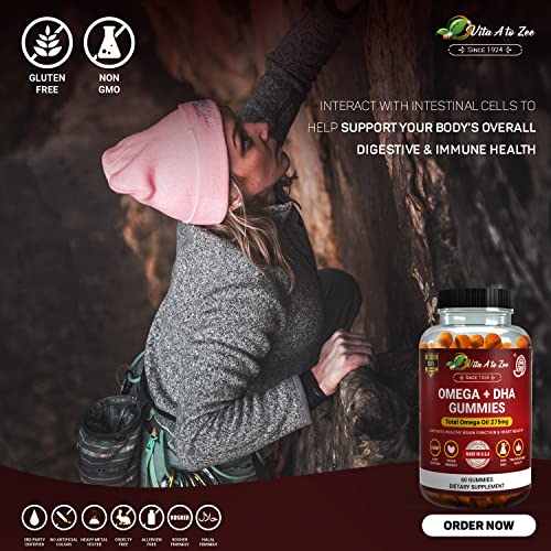 Vita A To Zee Vegetarian Omega 3 6 9 Chewable Supplement With Dha, Vitamin C | 275 Mg | Supports Brain, Joint, Heart, Eye, And Immune System In Men, Women & Kids | Gluten Free, Non-Gmo, 60 Gummies #TOP2
