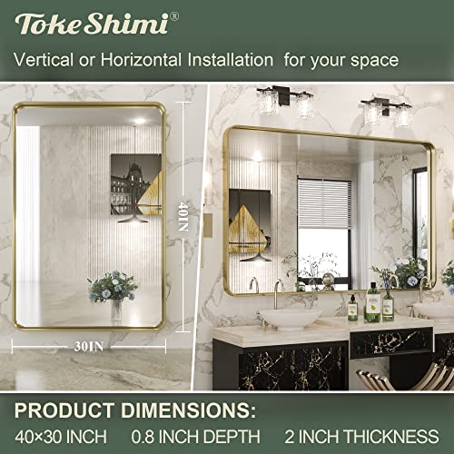 Tokeshimi Gold Bathroom Mirror For Wall 40 X 30 Inch Metal Rounded Corner Rectangle Wall Mirror In Aluminum Alloy Metal Frame Deep Set Design Hangs Horizontal Or Vertical Farmhouse #TOP3