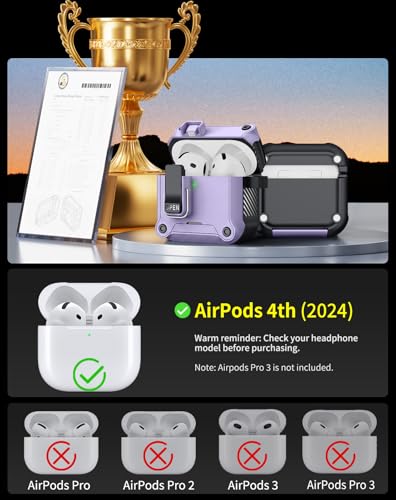 Image of Pohgelan for AirPods 4 Case with Safety Lock-Purple | Magnetic Automatic Lock with Cleaning Kit&Keychain,Compatible with Magsafe
