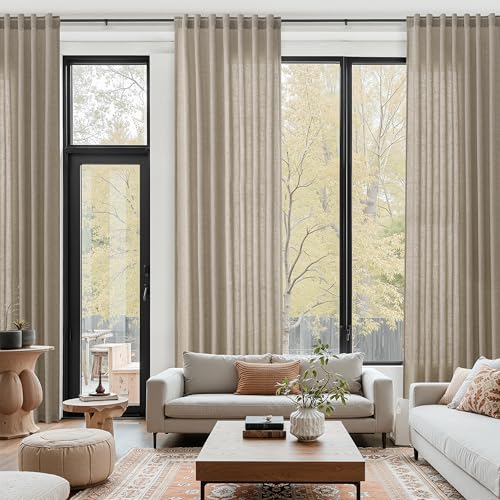 Image of Cobblestone Linen Curtains 132 Inch Length for Living Room Light Filtering Semi Sheer Curtain Back Tab Modern Farmhouse Decor Elegant Drapes Floor to Ceiling High Window for Bedroom 52x132, 2 Panels