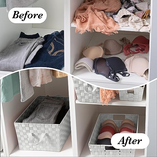 Image of Simplify Large Woven Strap Tote | Decorative Storage Basket | 2 Handles | Organization | Closet | Bedroom | Bathroom | Nursery | Accessories | Toys | Gifts | 4 Pack | White