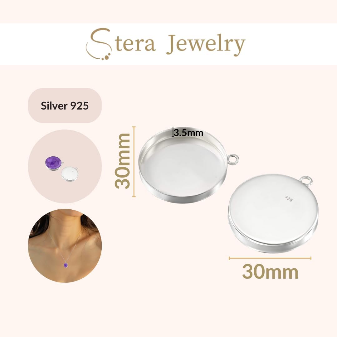 925 Sterling Silver Bezel Cups - 2 Pcs, 30mm Cabochon Blanks, Round with 1 Loop - DIY Jewelry Supplies - Bezels and Cabochons for Jewelry Making - Pendants, Bracelets, and Earrings