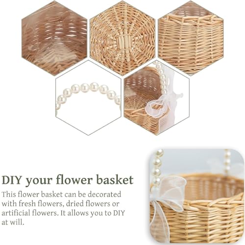 Wedding Flower Girl Basket with Pearl Handle, Bow and Waterproof Lining, Handwoven Cute Small Wicker Rattan Fairy Flower Basket for Wedding Home Garden Decor Outdoor Picnic